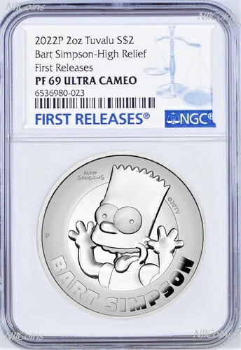 2022年 ハイレリーフ シンプソンズ バート・シンプソン プルーフ 2ドル 2オンス シルバーコイン NGC PF69 FR