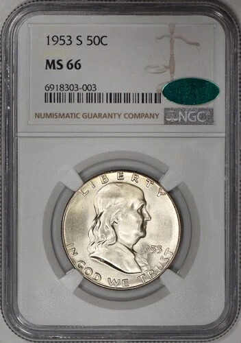 1953-S フランクリン ハーフダラー 50セント NGC MS66 CAC｜WORLD RESOURCE【KING店】