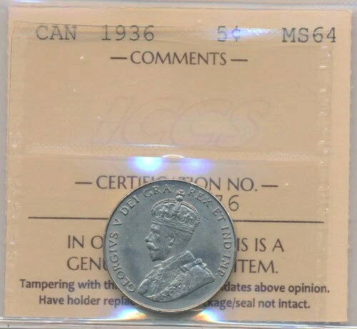 カナダ ジョージ5世 5セント 1936年 - ICCS MS64