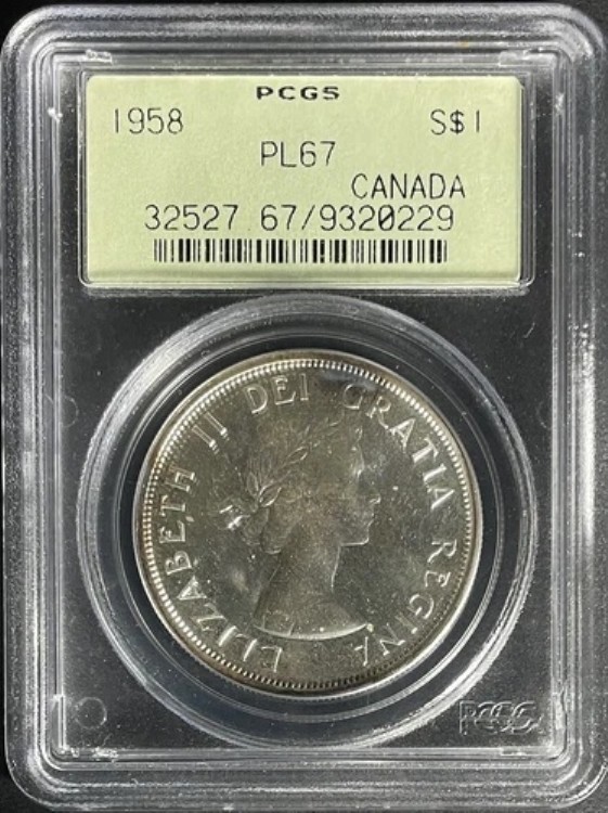 **希少** 1958年カナダ シルバードル カメオ PCGS PL-67 ? KM 55 旧ラベル