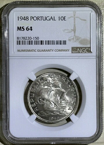 ポルトガル 1948年 銀貨 10エスクード ニース BU コイン 帆船 NGC MS 64 KM# 582