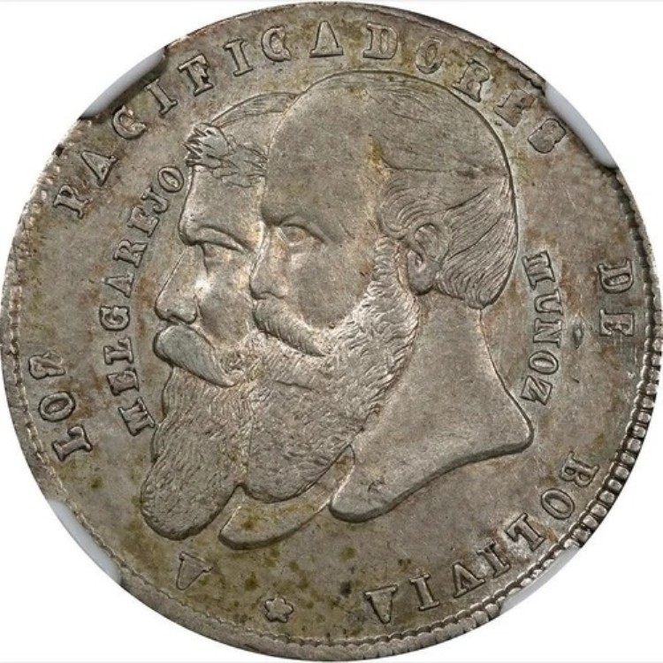 1865年ボリビア1/4メルガレホ、NGC MS 62、銀メダル刻印