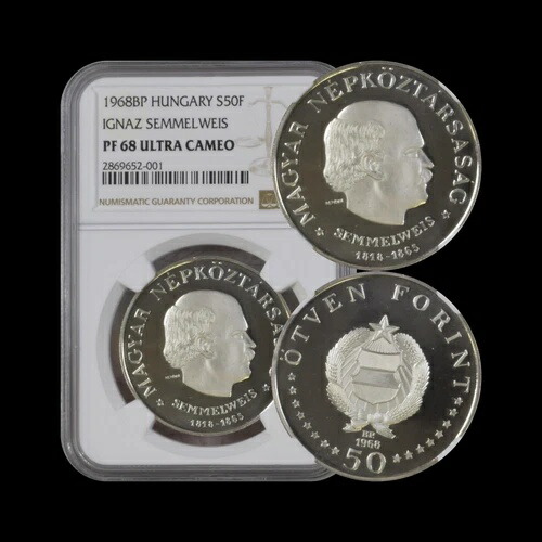 ハンガリー。1968年、50フォリント、銀貨 - NGC PF68 - トップポップ?? ゼンメルワイス、希少