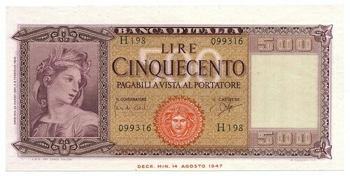 500 リラ イタリア オルナータ ディ シュピーゲ メデューサ 1961/03/23 SUP+