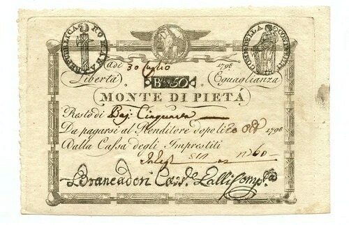 50 BAJOCCHI RESTO MONTE DI PIET? REPUBLICA ROMANA CIFRE NEG. 1798/07/30 SUP+