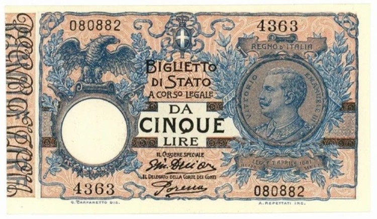 5 リラ BIGLIETTO DI STATO ヴィットリオ・エマヌエーレ 3 世 フロレアーレ 1917 年 10 月 14 日 FDS