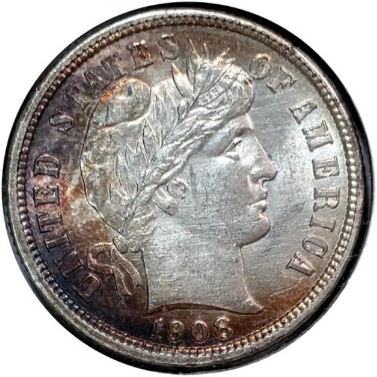 1908年 D バーバー シルバー ダイム 10セント US コイン トーン加工 素晴らしい外観 AU BU MS UNC