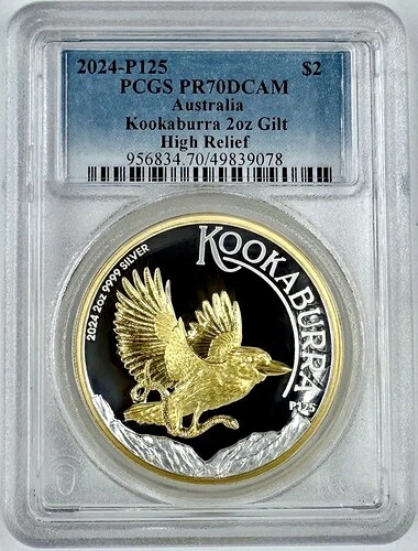 2024年 P125 オーストラリア 2ドル クーカバラ 2オンス 金箔銀貨 高浮き彫り PCGS PR70