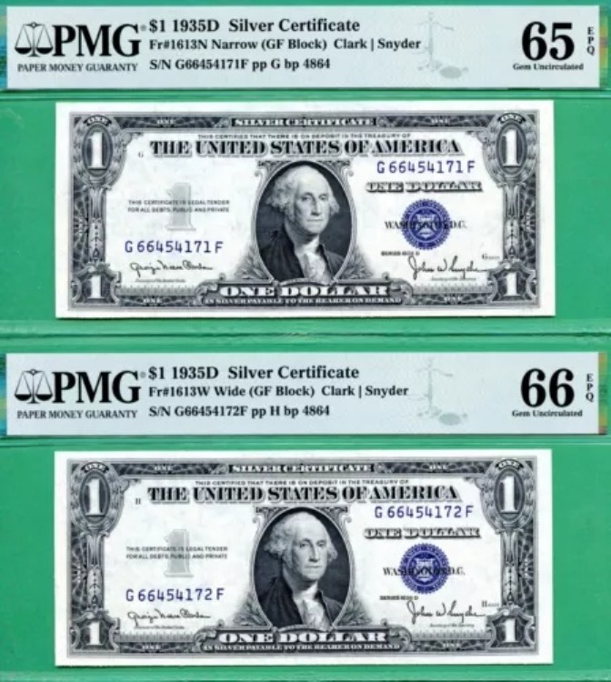 ナローからワイドへの切り替えペア - 1935D $1 SC - PMG GEM 65 EPQ & GEM 66 EPQ