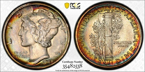 1942年-D シルバー マーキュリー ダイム | PCGS MS65FB | 表面・裏面レインボートーン