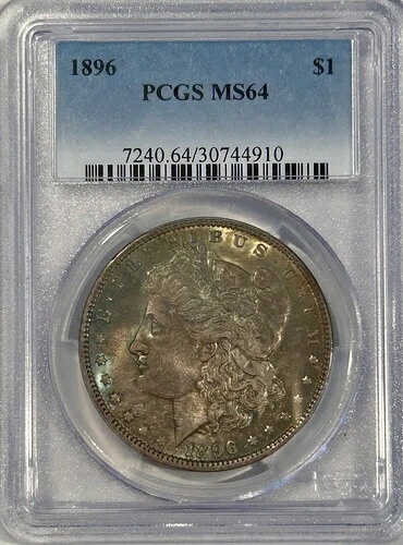 1896年モルガン・ダラー PCGS MS64 レインボークレセントトーン 光沢のある美しい外観