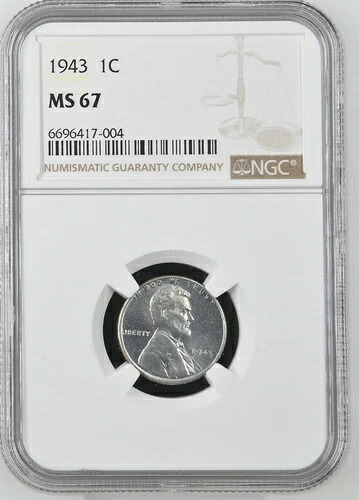 1943 年リンカーン スチール ペニー MS67 NGC - 逆回転 - 希少コイン!