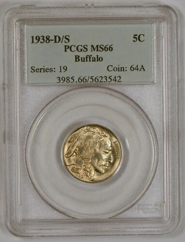 1938年製 D/S オーバーミントマーク バッファローニッケル PCGS MS66