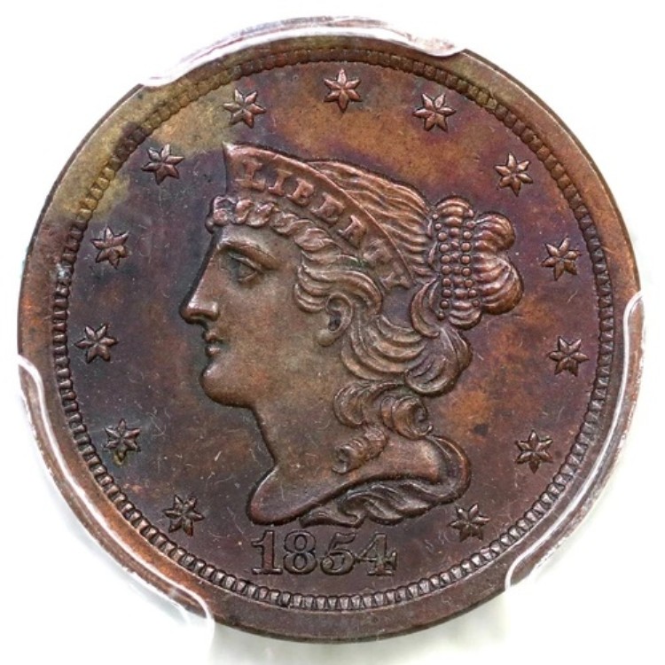 1854年 PCGS UNC 詳細 編み込みヘア ハーフセントコイン 1/2セント