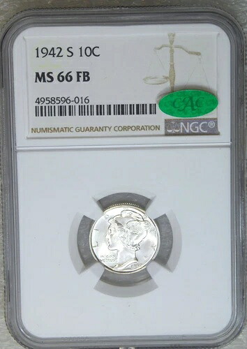 1942-S マーキュリーダイム NGC MS66FB CAC ブラストホワイト フルバンド スーパーラスター PQ #E57B