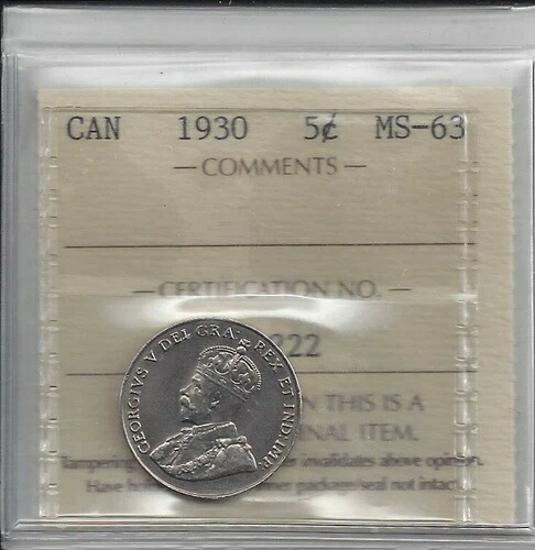 カナダ 1930年 5セント グレード ICCS MS63