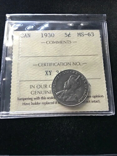 1930年 ICCS グレードカナダ、5セント、**MS-63** #XY 346 149,050円