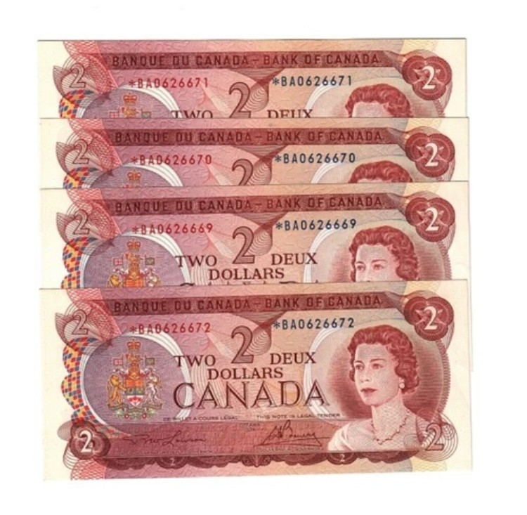 1974 カナダ $2、Lawson/Bouey BC-47aA、Ser# *BA 062669-72 交換品 (4 連)