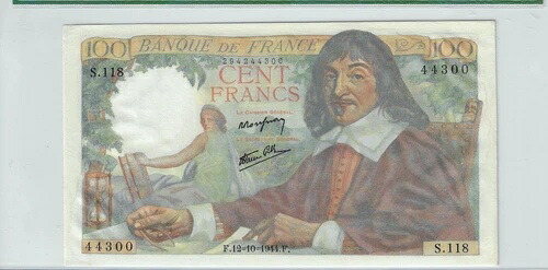 1942年 - 44年 (1944年) フランス 100フラン SCWPM# 101a SN# S.118 44300 LEGACY 25 Fine