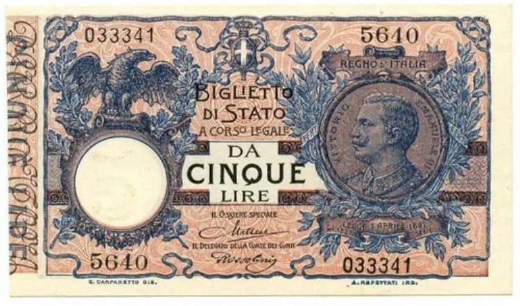 5 リラ BIGLIETTO DI STATO ヴィットリオ・エマヌエーレ 3 世 フロレアーレ 1922/02/24 qFDS