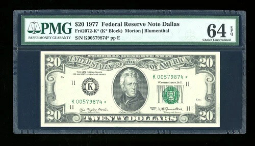 DBR 1977 $20 FRN ダラス STAR Fr. 2072-K* PMG 64 EPQ シリアル K00579874*