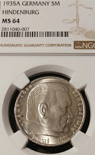 NGC MS64 1935-A ドイツ 5 ライヒスマルク ヒンデンブルク ベルリン造幣局 GEM BU｜WORLD RESOURCE【KING店】