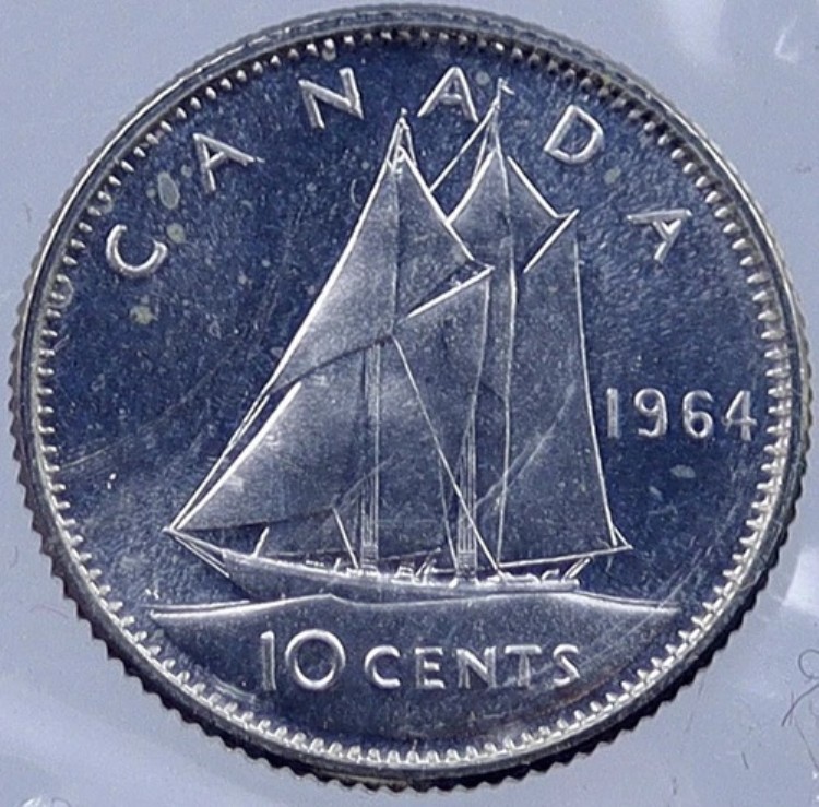 1964年カナダ銀貨10セント、英国女王エリザベス2世刻印あり i119106