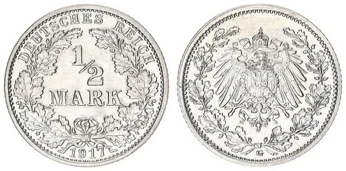 1/2マークシルバー - 1917年Gドイツ帝国新品未使用品74815