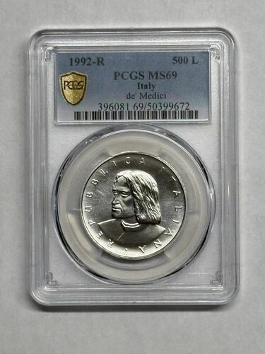 1992年 R イタリア シルバー 500 リラ・デ・メディチ PCGS MS69