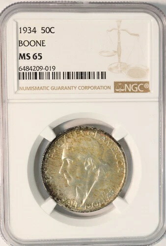1934 年 ブーン シルバー 記念 ハーフ ドル NGC MS65 - 信じられないほど美しい色調!