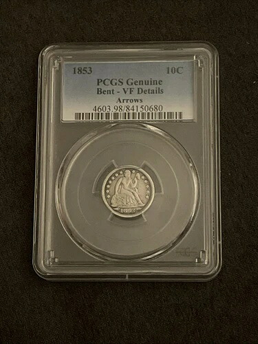 1853年 PCGS VF ベントリバティ座像ハーフダイム H10セント 矢付き