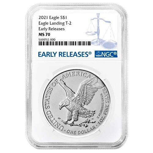 2021年 1ドル タイプ2 アメリカン シルバー イーグル NGC MS70 ER ブルーラベル リバース