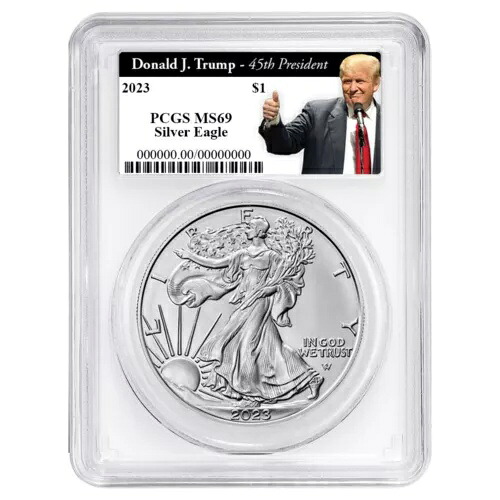 2023 年 1 ドル 1 オンス アメリカン シルバー イーグル PCGS MS69 トランプ第 45 代大統領ラベル ホワイト...