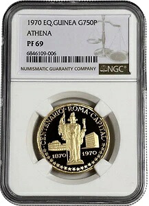 1970年 赤道ギニア プルーフ金貨 750ペセタ アテナ 0.3058オンス NGC PF 69