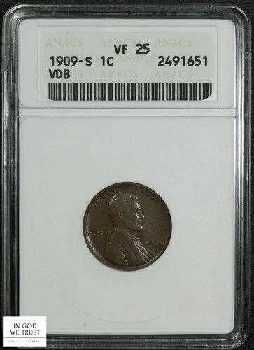 1909 S VDB リンカーン ウィート銅貨 1セント オールドソープボックスホルダー ANACS VF 25