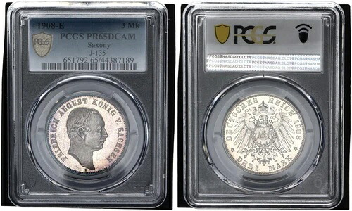 ザクセン 3 マーク 1908-E フリードリヒ・アウグスト PCGS PR65DCAM プルーフ 116148