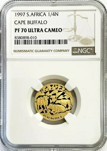 1997年 ゴールド 南アフリカ 1/4オンス ナチュラル ケープバッファロー NGC プルーフ 70 UC 発行枚数 2,164枚｜WORLD RESOURCE【KING店】