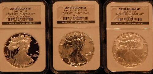 2006年 シルバーイーグル 20周年記念セット 3枚セット コイン ブラックラベル認定 NGC フローレス｜WORLD RESOURCE【KING店】