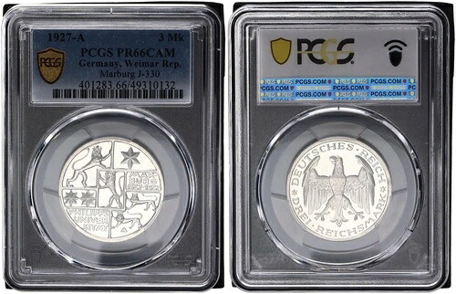 ヴァイマル・レップ 3 マーク 1927 マールブルク J-330 PR66CAM ポリッシュプレート
