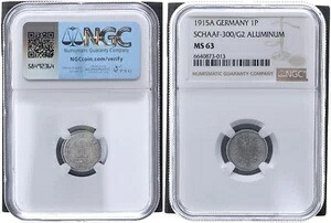 1 Pfennig 1915A サンプルエンボス加工アルミニウム NGC MS 63 106563-
