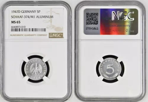 5 ペニヒ 1947 D サンプル エンボス加工 連合軍占領 アルミニウム製！ NGC MS 65 106567-