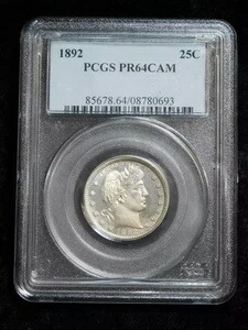 1892年 25セント プルーフ バーバー シルバー クォーター - PCGS PR64 カメオ