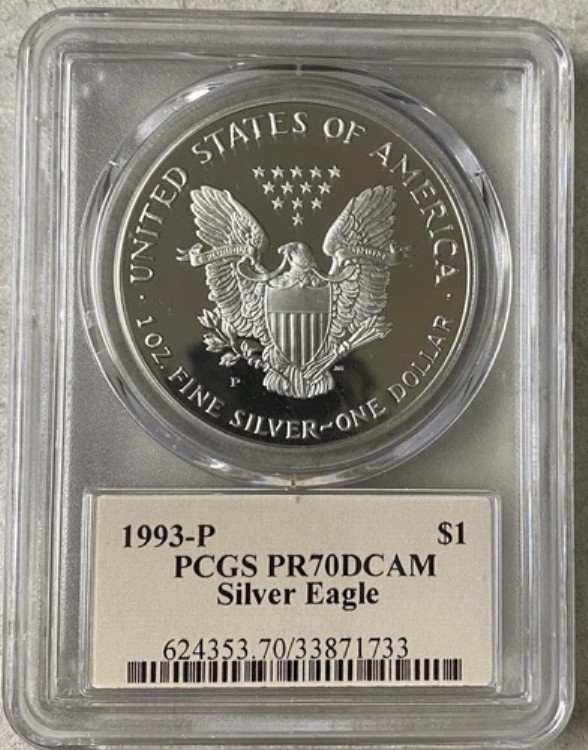 1993年 Pプルーフ シルバーイーグル、PCGS PR70DCAM サイン入り T CLEVELAND アールデコラベル