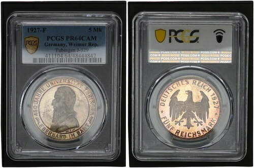 ワイマール 5 マルク 1927 F 450 周年 テュービンゲン大学 PP PCGS PR64CAM 108294