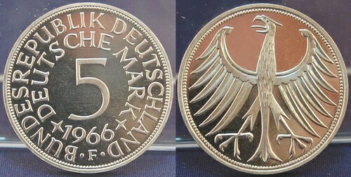 5 DM 1966 F ドイツ J.387 銀貨 Pf、希少ミントマーク｜WORLD RESOURCE【KING店】
