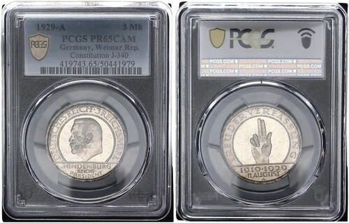 ワイマール 3 マーク 1929 ヒンデンブルク シュヴルハンド憲法 J-340 PR65CAM Pf 120535|WORLD RESOURCE【KING店】