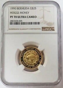 1990年 ゴールド 500 鋳造 バミューダ 25ドル HOGGE MONEY 1/4オンス NGC プルーフ 70 ウルトラカメオ