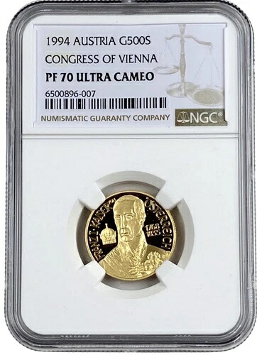 1994年オーストリア・ウィーン会議金貨500シリング・プルーフ硬貨 NGC PF 70 UC