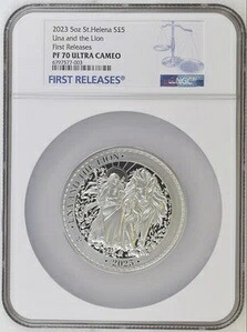 2023年 セントヘレナ 5ポンド ウナとライオン 5オンス 999シルバー NGC PF70 ファーストリリース ポップ9