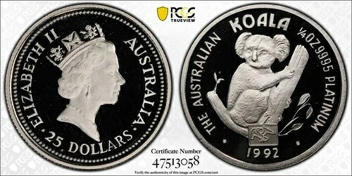 オーストラリア 1992年 25ドル プラチナ コアラ アメリカンイーグル プライベート PCGS PR69 DCAM POP 1